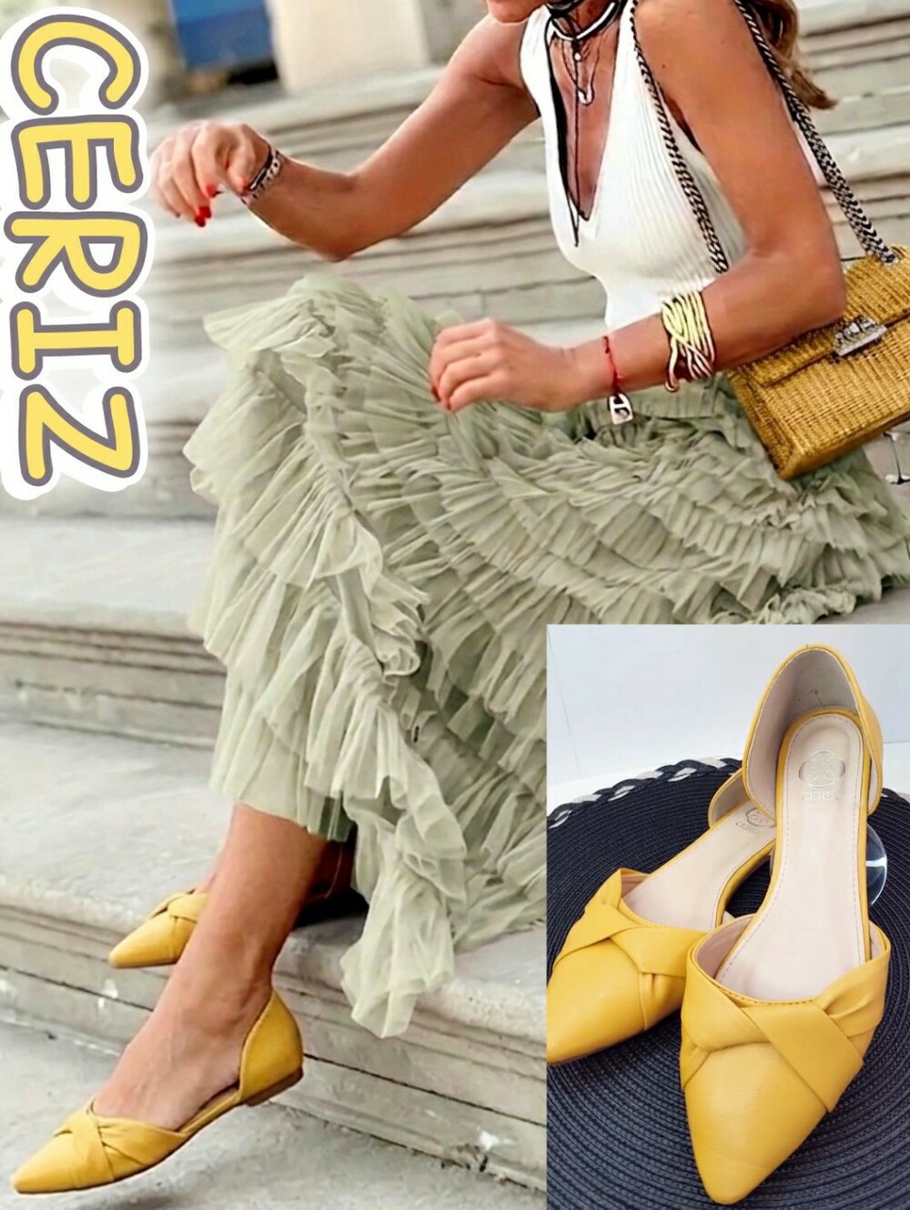 Ceriz🍂 Mustard-Yellow Twist Pointed Toe Slip-on Ballerina Flats